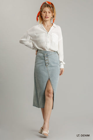 Asymmetrical Waist And Button Up Front Split Denim Skirt With Back Pockets And Unfinished Hem Look Up Deals