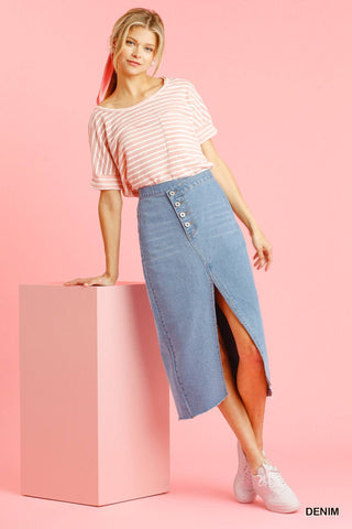 Asymmetrical Waist And Button Up Front Split Denim Skirt With Back Pockets And Unfinished Hem Look Up Deals