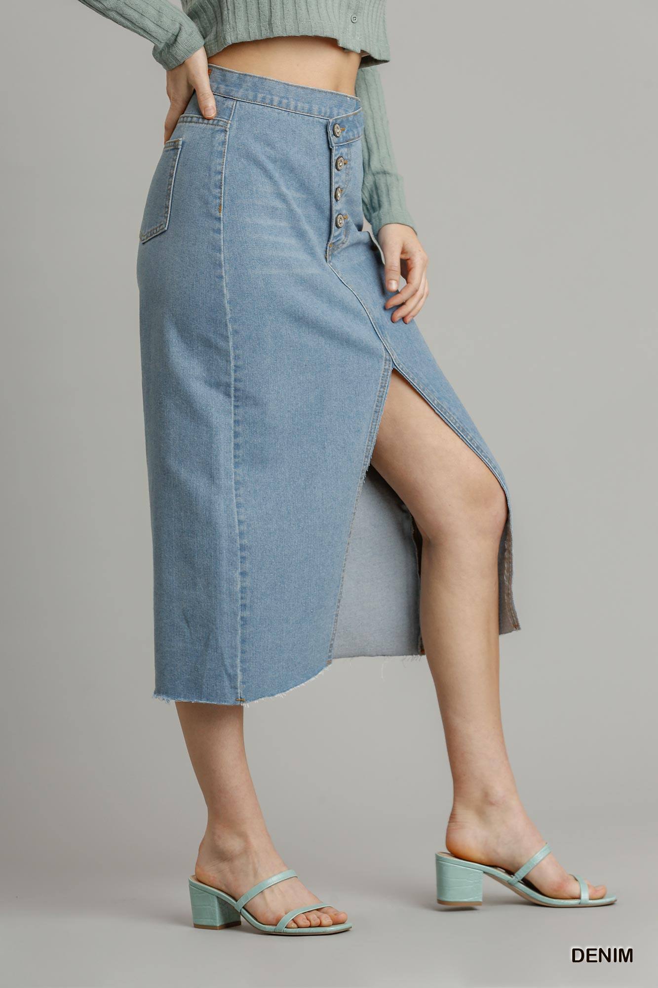 Asymmetrical Waist And Button Up Front Split Denim Skirt With Back Pockets And Unfinished Hem Look Up Deals