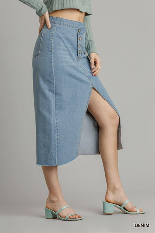 Asymmetrical Waist And Button Up Front Split Denim Skirt With Back Pockets And Unfinished Hem Look Up Deals