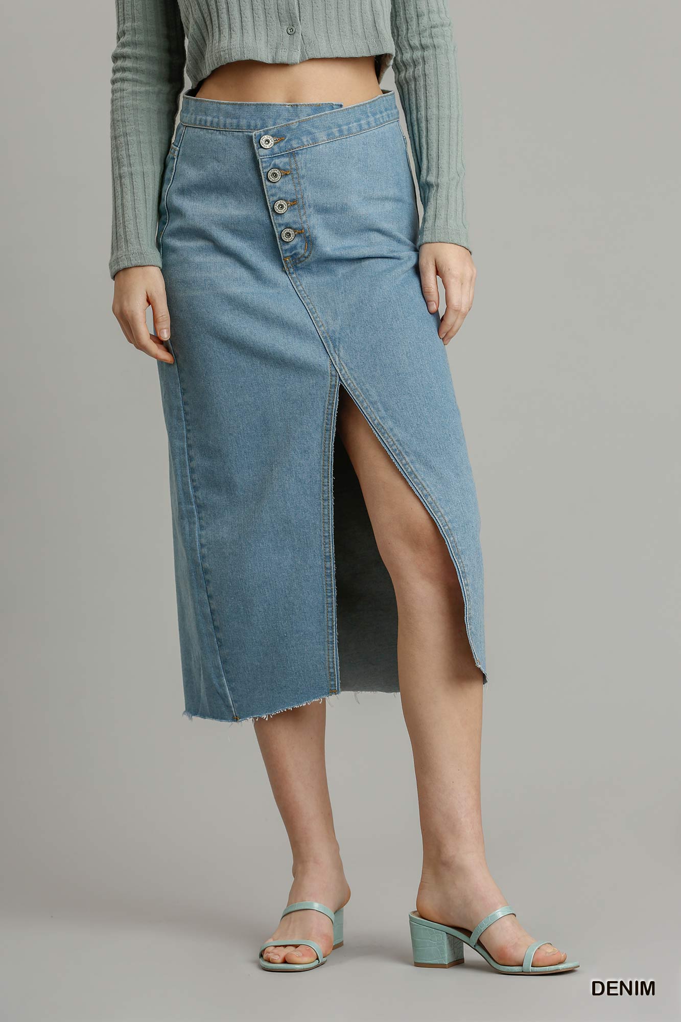 Asymmetrical Waist And Button Up Front Split Denim Skirt With Back Pockets And Unfinished Hem Look Up Deals