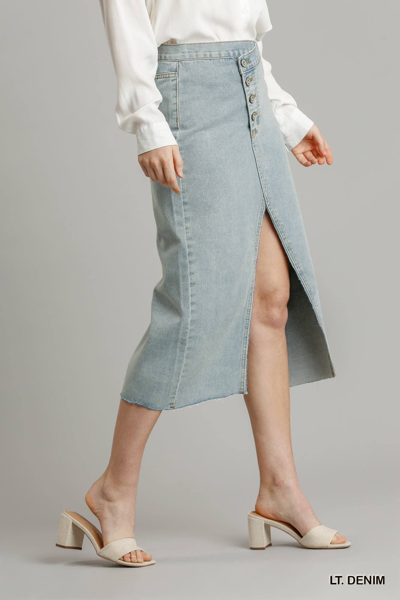 Asymmetrical Waist And Button Up Front Split Denim Skirt With Back Pockets And Unfinished Hem Look Up Deals