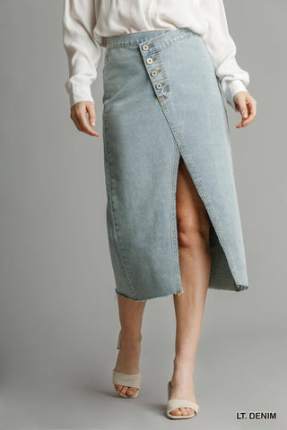 Asymmetrical Waist And Button Up Front Split Denim Skirt With Back Pockets And Unfinished Hem Look Up Deals