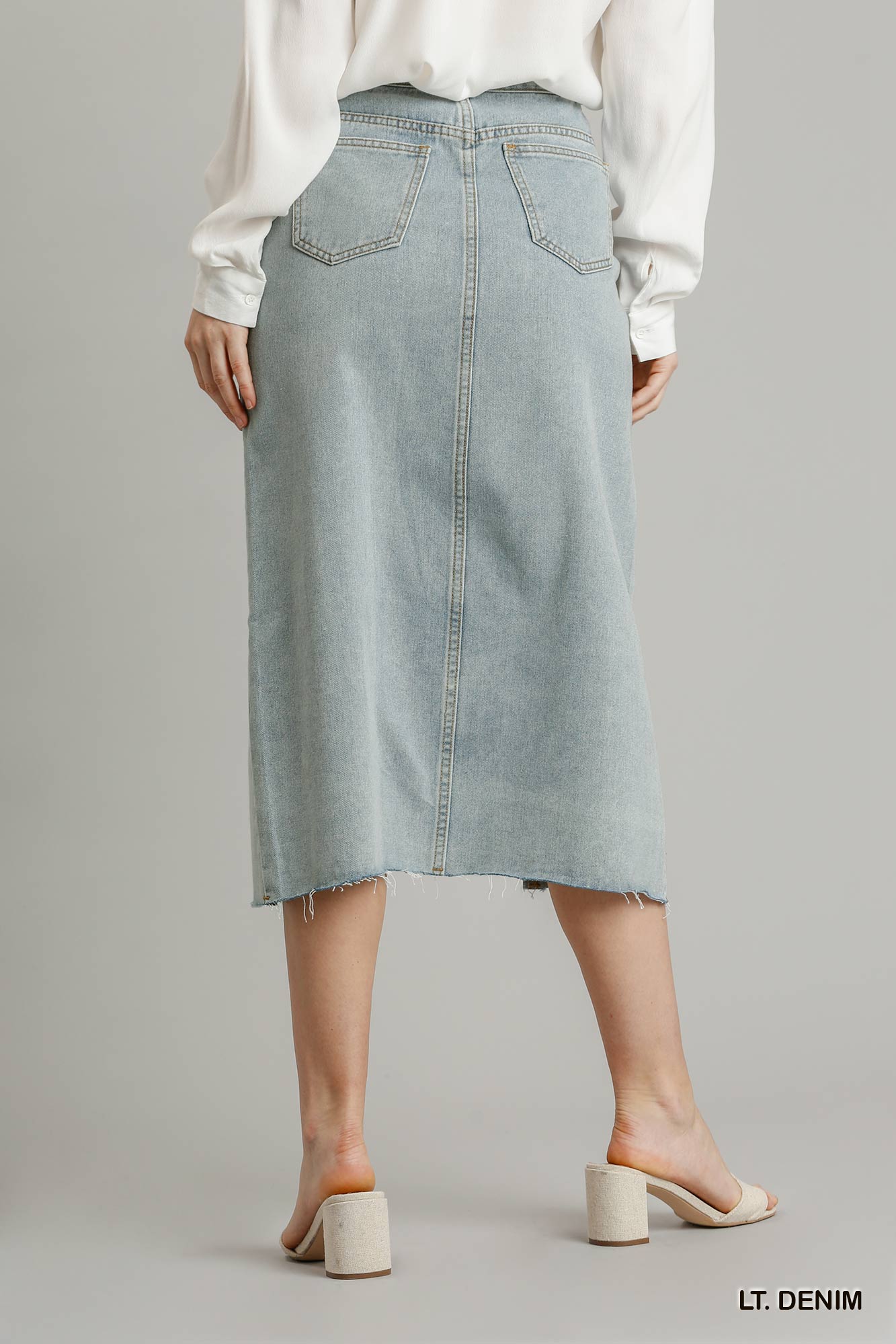 Asymmetrical Waist And Button Up Front Split Denim Skirt With Back Pockets And Unfinished Hem Look Up Deals