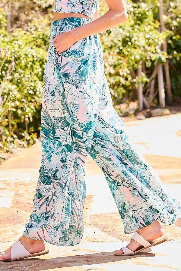 Back Elastic Waist Band Side Pockets Pleat Side Open Slit Tropical Print Pants Look Up Deals