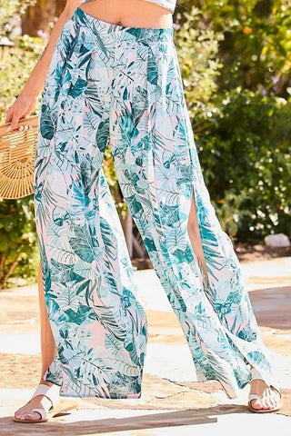 Back Elastic Waist Band Side Pockets Pleat Side Open Slit Tropical Print Pants Look Up Deals