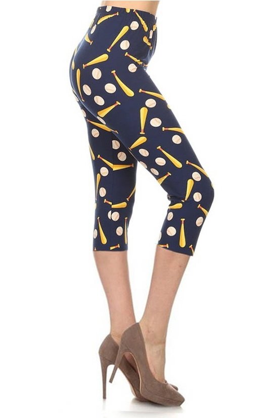 Baseball Printed, High Waisted Capri Leggings In A Fitted Style With An Elastic Waistband Look Up Deals