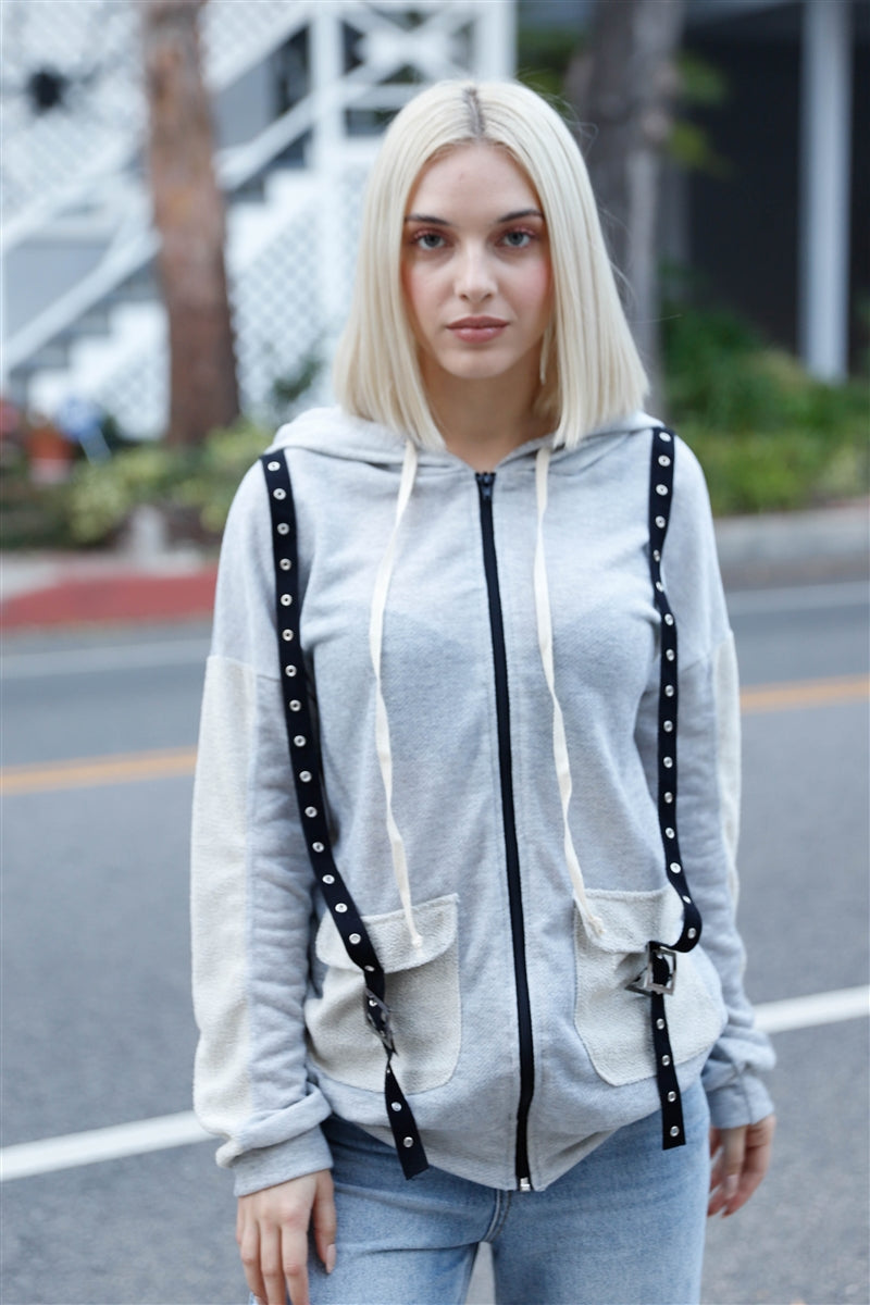 Belt & Reversed Details Zip-up Hooded Sweater Look Up Deals