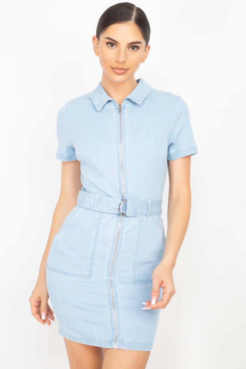 Belted Bodycon Collared Denim Dress Look Up Deals