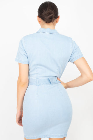 Belted Bodycon Collared Denim Dress Look Up Deals