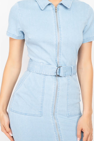 Belted Bodycon Collared Denim Dress Look Up Deals