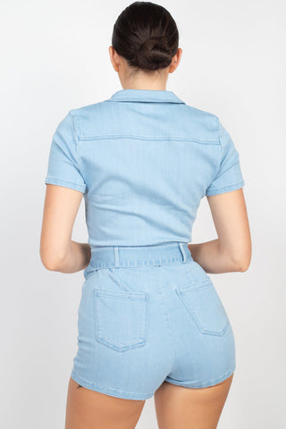 Belted Zip-up Denim Romper Look Up Deals