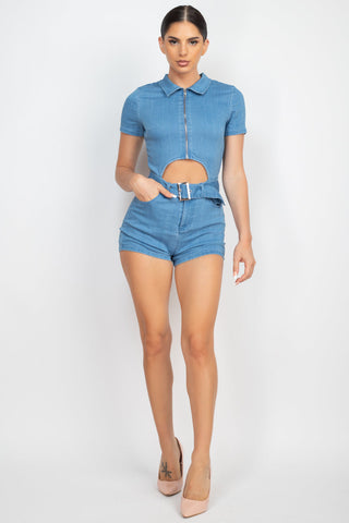 Belted Zip-up Denim Romper Look Up Deals