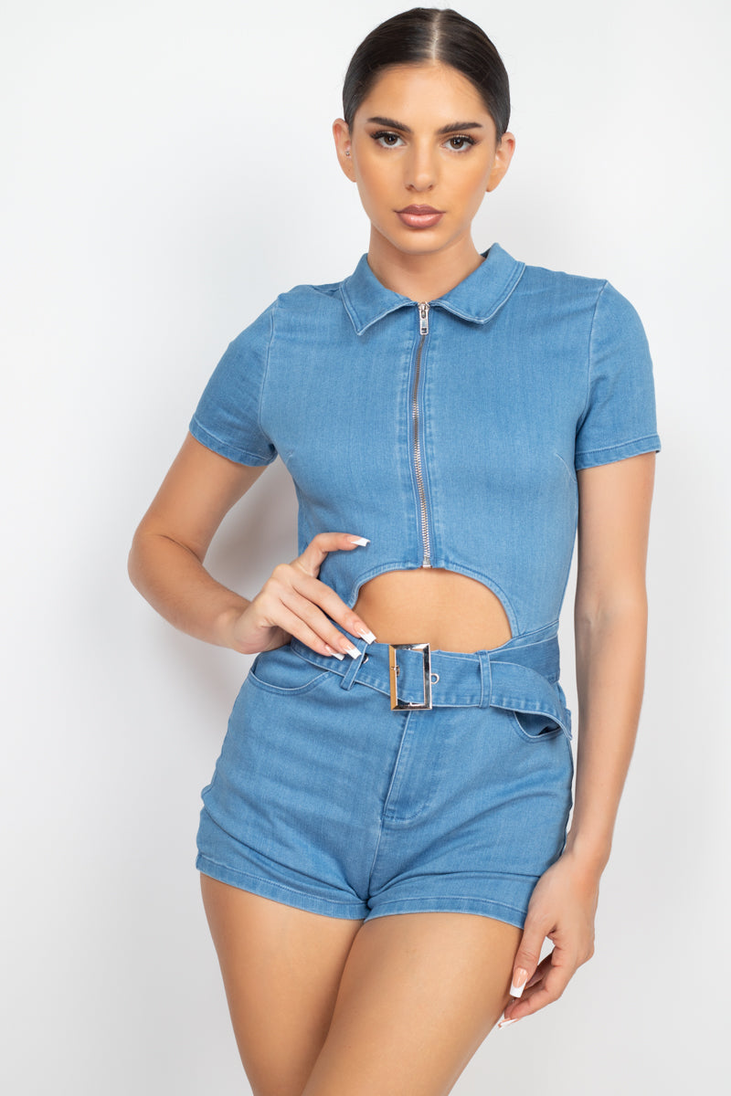 Belted Zip-up Denim Romper Look Up Deals