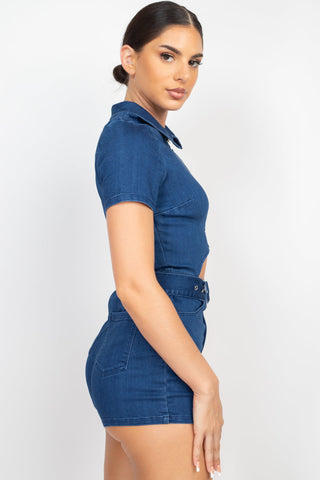 Belted Zip-up Denim Romper Look Up Deals