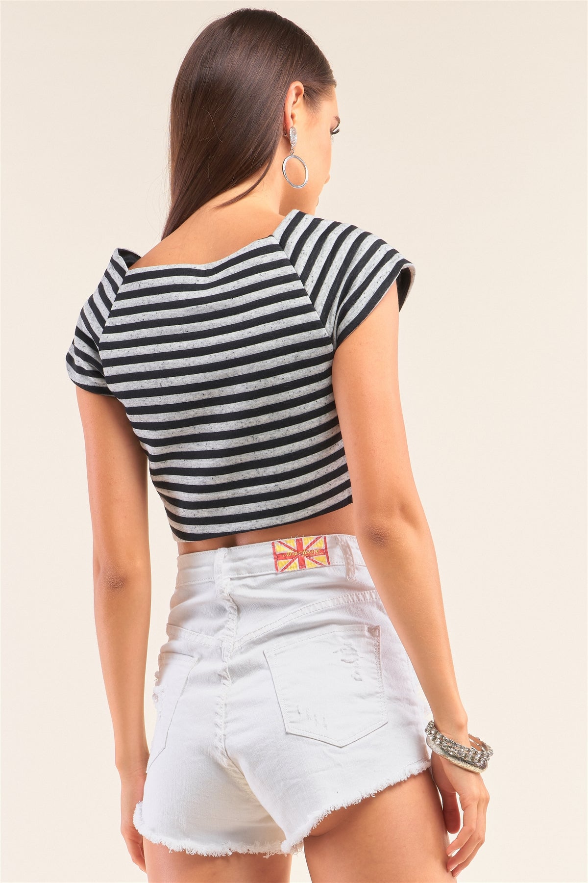 Black And Grey Striped Square Neck Mini Sleeve Cropped Top Look Up Deals