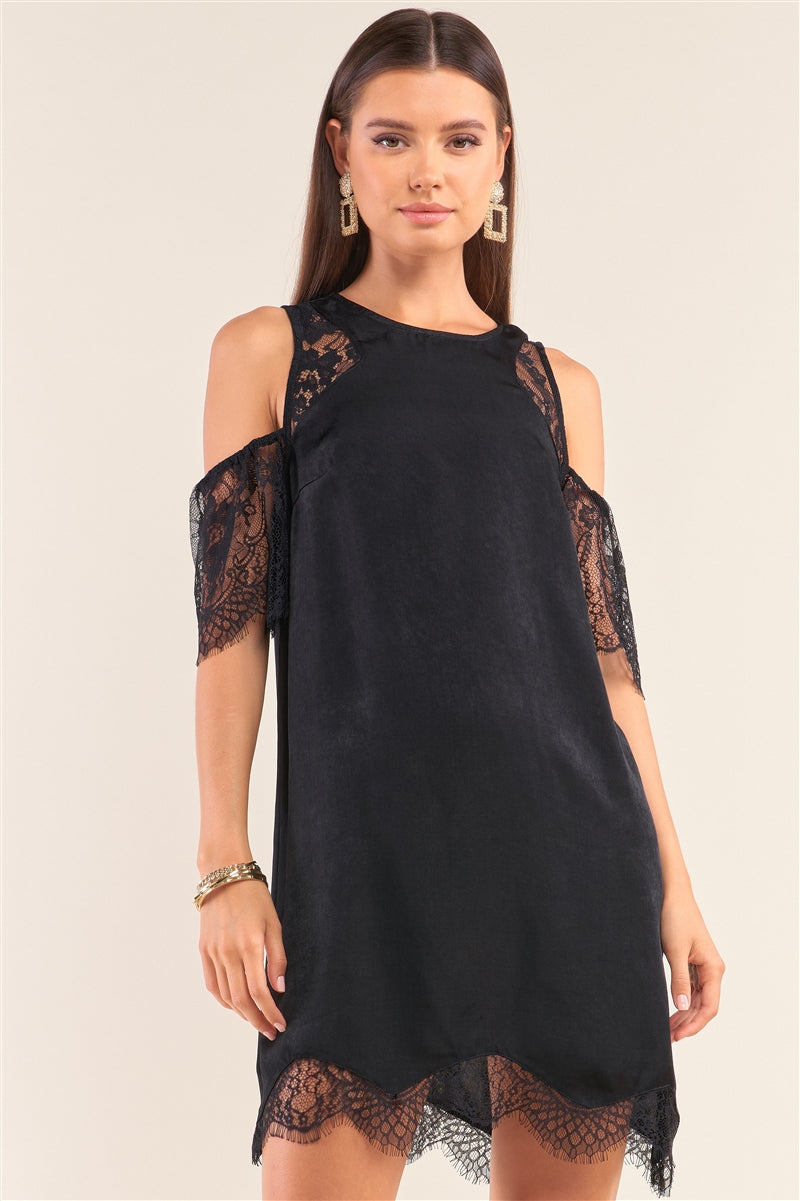 Black Cold Shoulder Lace Trim Back Button Up Mini Dress Look Up Deals