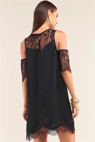 Black Cold Shoulder Lace Trim Back Button Up Mini Dress Look Up Deals