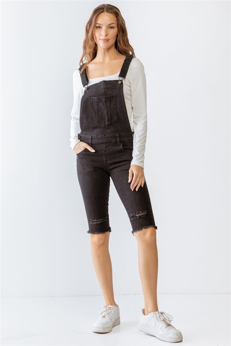 Black Denim Distressed Detail Raw Hem Cropped Bermuda Overall Look Up Deals