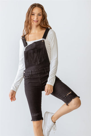 Black Denim Distressed Detail Raw Hem Cropped Bermuda Overall Look Up Deals