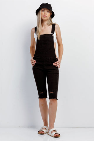 Black Denim Distressed Detail Raw Hem Cropped Bermuda Overall Look Up Deals