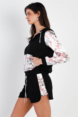 Black & Multi Color Print Colorblock Zip-up Hooded Top & Short Set Look Up Deals