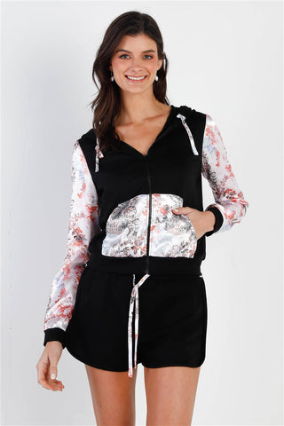 Black & Multi Color Print Colorblock Zip-up Hooded Top & Short Set Look Up Deals