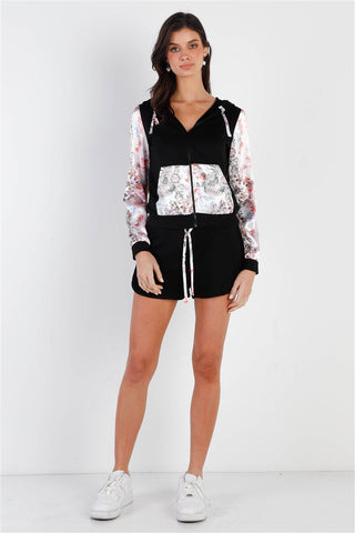 Black & Multi Color Print Colorblock Zip-up Hooded Top & Short Set Look Up Deals