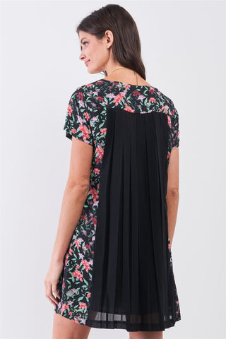 Black Multicolor Floral Print Pleated Back Detail Relaxed Mini Dress Look Up Deals