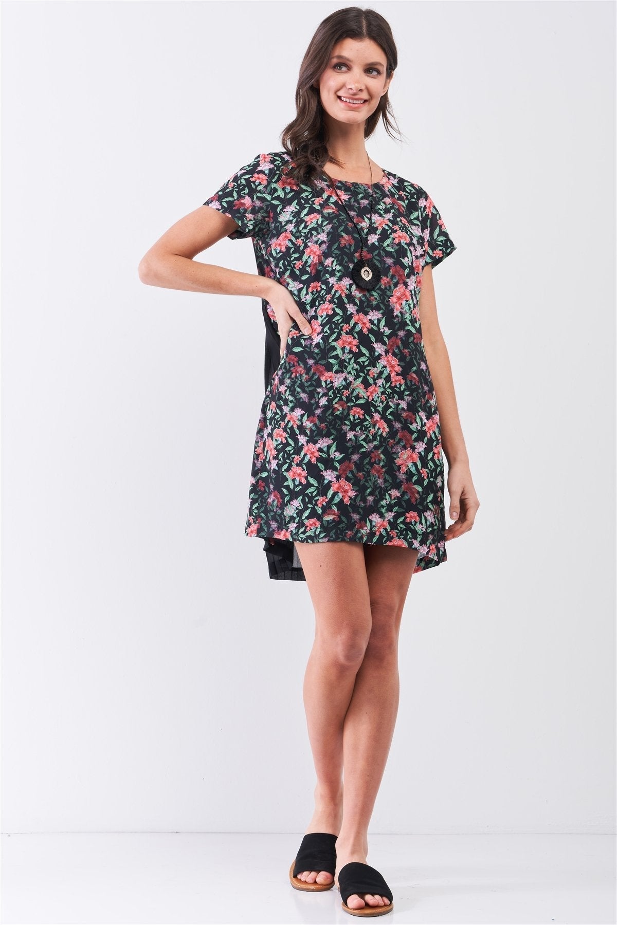 Black Multicolor Floral Print Pleated Back Detail Relaxed Mini Dress Look Up Deals