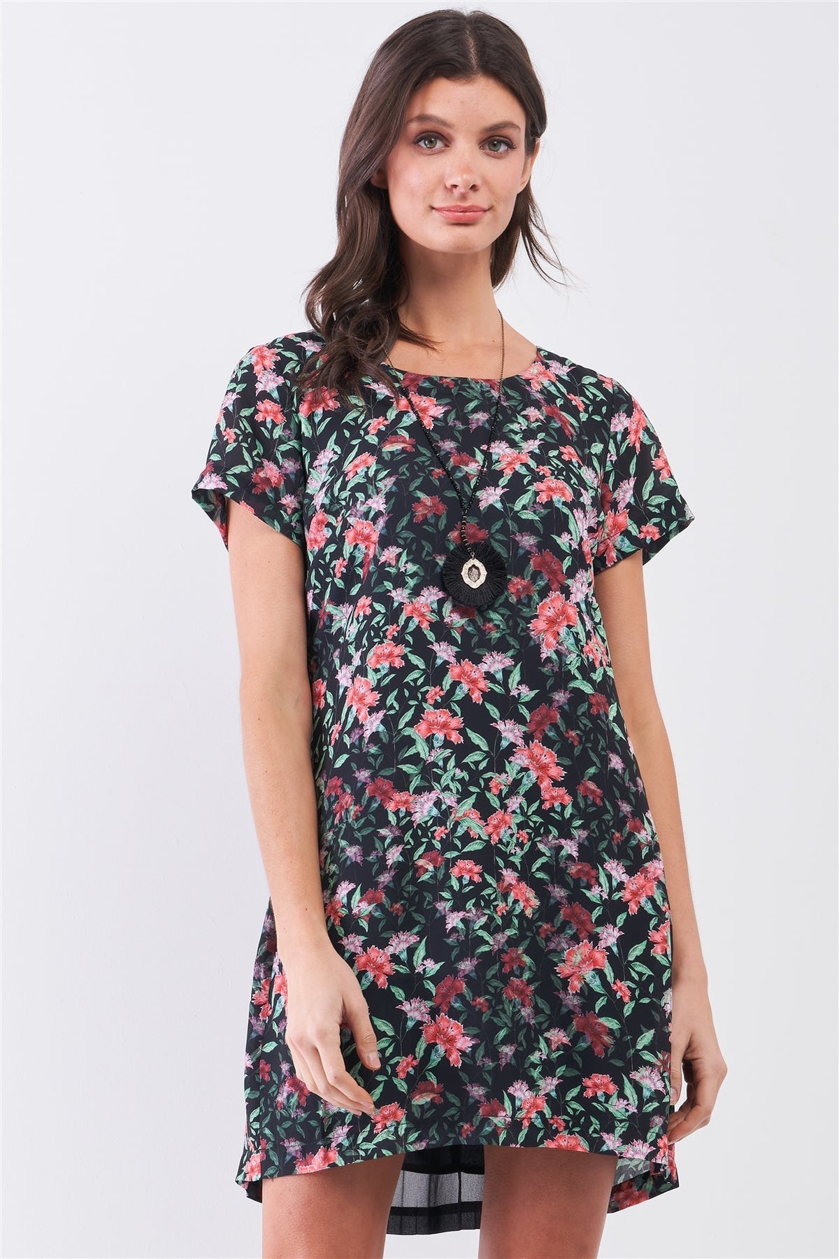 Black Multicolor Floral Print Pleated Back Detail Relaxed Mini Dress Look Up Deals