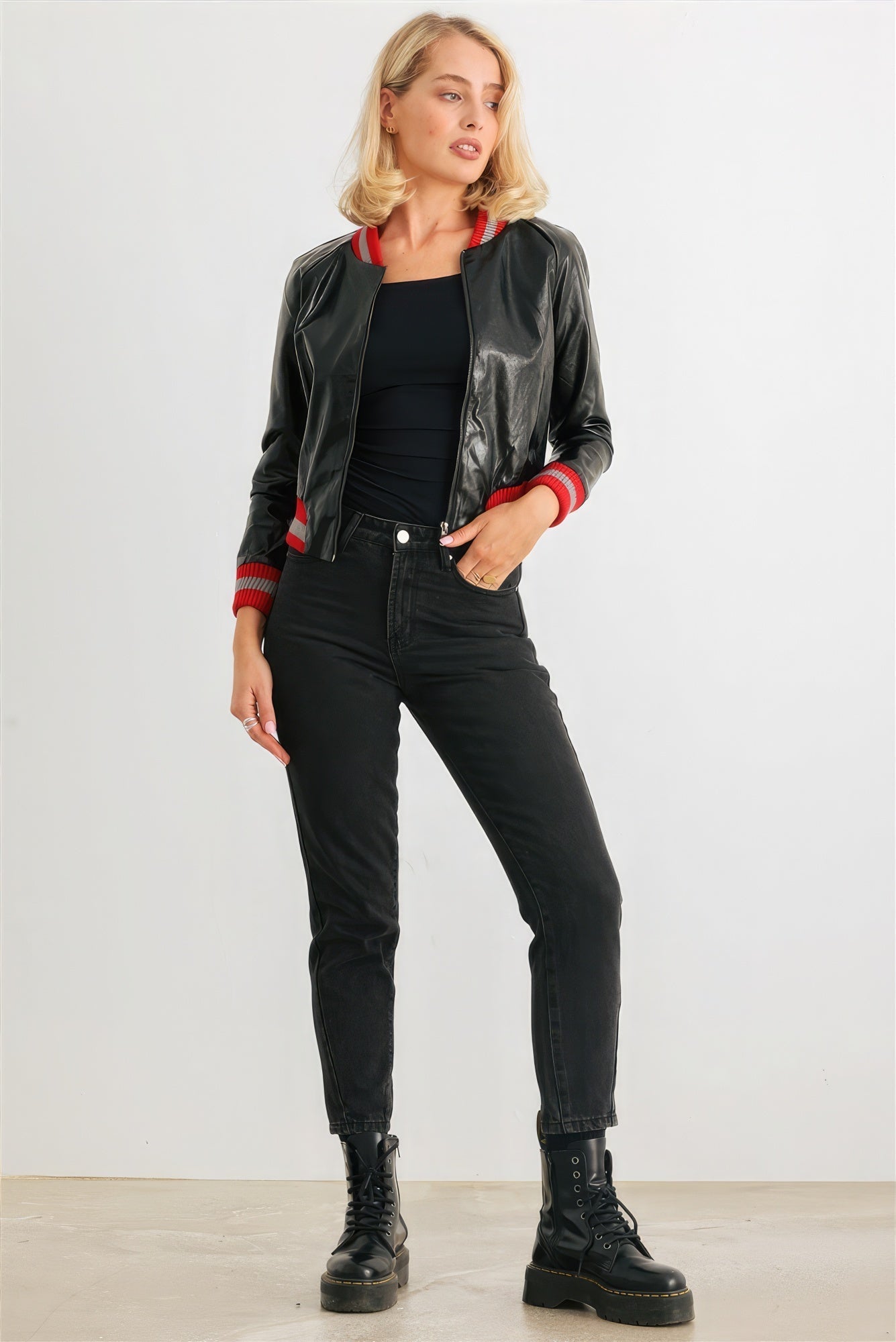 Black & Red Ribbed Vegan Leather Bomber Jacket Look Up Deals