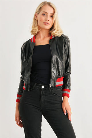 Black & Red Ribbed Vegan Leather Bomber Jacket Look Up Deals