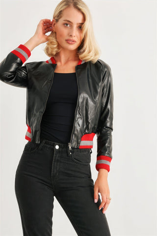 Black & Red Ribbed Vegan Leather Bomber Jacket Look Up Deals