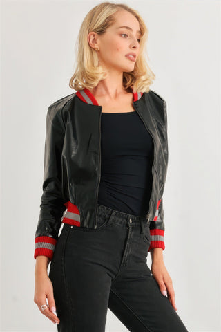 Black & Red Ribbed Vegan Leather Bomber Jacket Look Up Deals