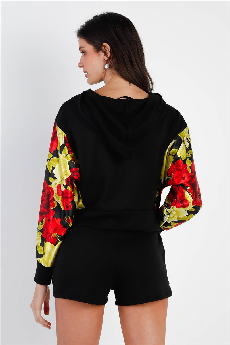 Black & Satin Effect Red & Lime Floral Print Hooded Top & Short Set Look Up Deals