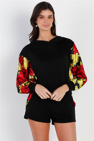 Black & Satin Effect Red & Lime Floral Print Hooded Top & Short Set Look Up Deals