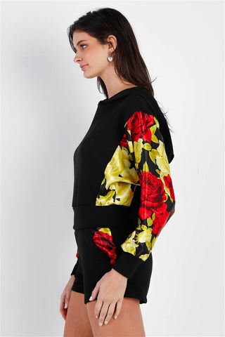 Black & Satin Effect Red & Lime Floral Print Hooded Top & Short Set Look Up Deals