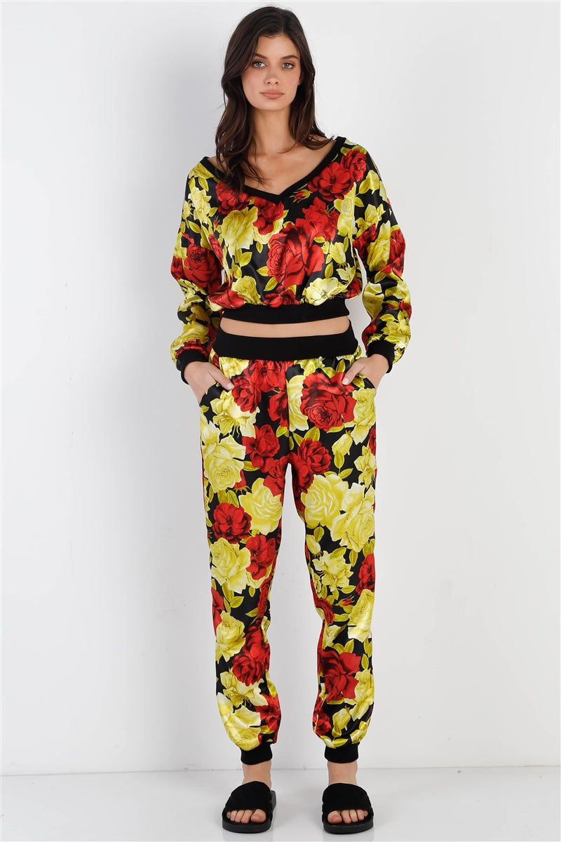 Black & Satin Effect Red & Lime Floral Print V-neck Top & Pants Set Look Up Deals