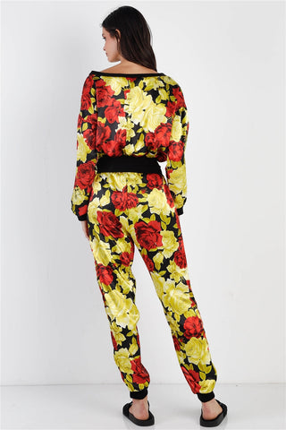 Black & Satin Effect Red & Lime Floral Print V-neck Top & Pants Set Look Up Deals