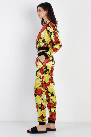 Black & Satin Effect Red & Lime Floral Print V-neck Top & Pants Set Look Up Deals