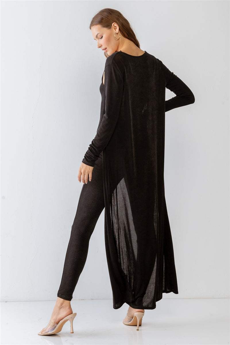 Black Sleeveless Cut-out Detail Slim Fit Jumpsuit & Open Front Long Sleeve Cardigan Set Look Up Deals