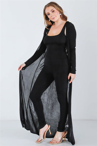 Black Sleeveless Cut-out Detail Slim Fit Jumpsuit & Open Front Long Sleeve Cardigan Set Look Up Deals