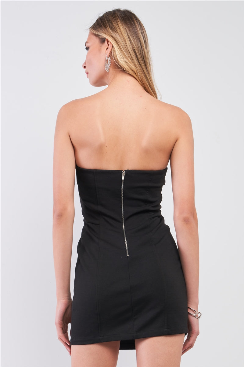 Black Sleeveless Strapless Faux Leather Insert Trim Sweetheart Neck Bodycon Mini Dres Look Up Deals