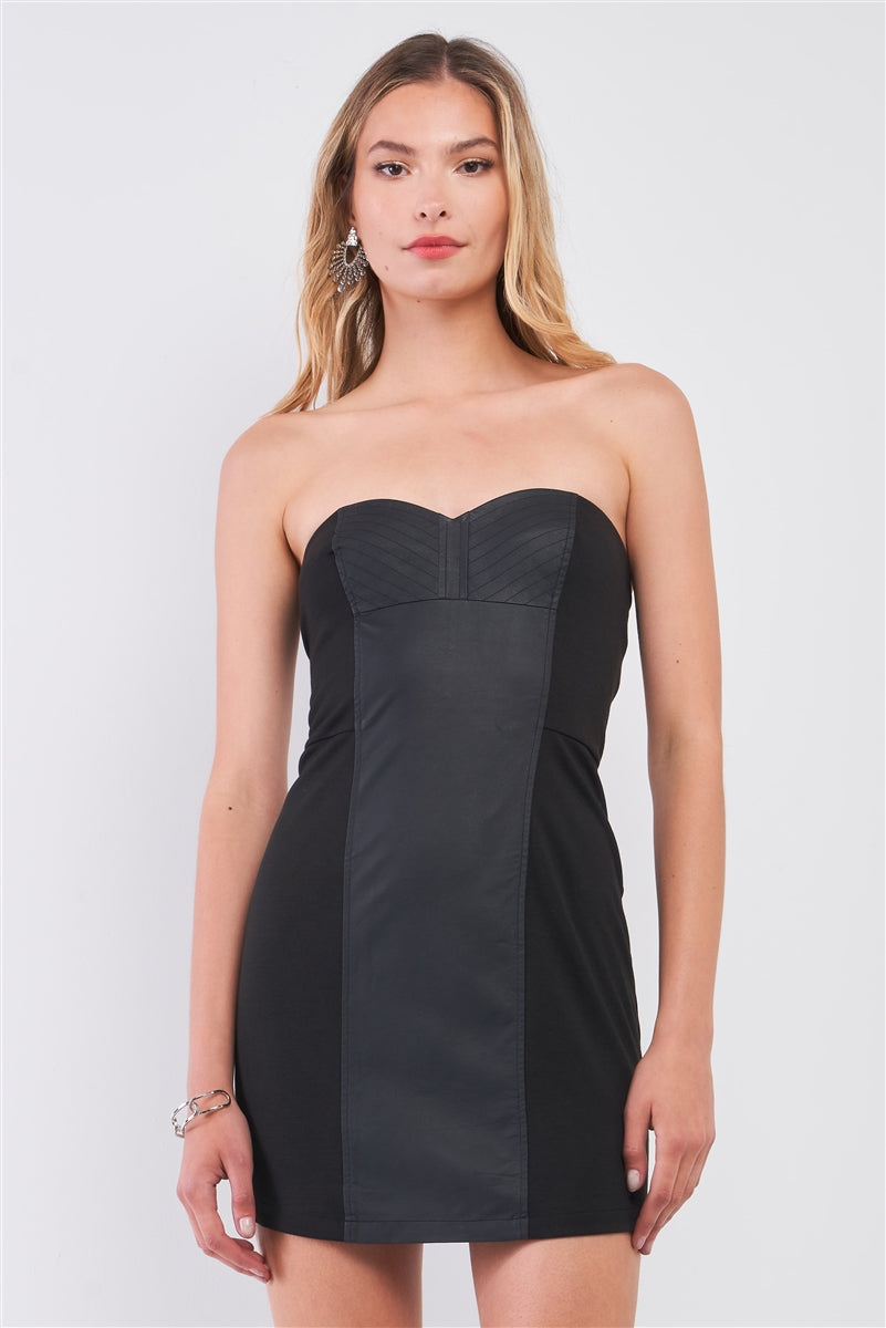 Black Sleeveless Strapless Faux Leather Insert Trim Sweetheart Neck Bodycon Mini Dres Look Up Deals