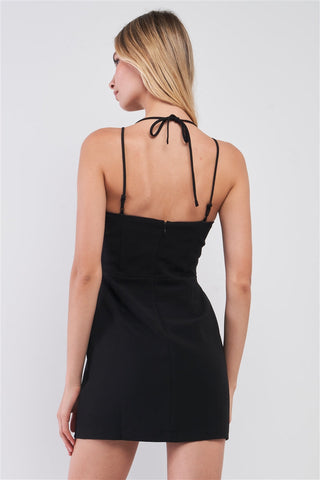 Black Slim Fit Sleeveless V-neck Front Corset Inspired Tie-up Detail Cocktail Mini Dress Look Up Deals