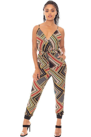 Boarder Print Wrap Drawstring Waist Jumpsuit Look Up Deals