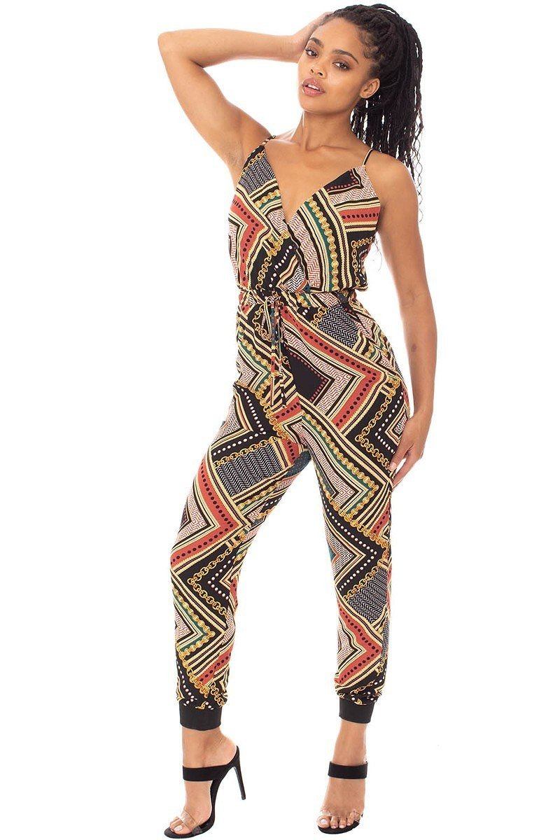 Boarder Print Wrap Drawstring Waist Jumpsuit Look Up Deals