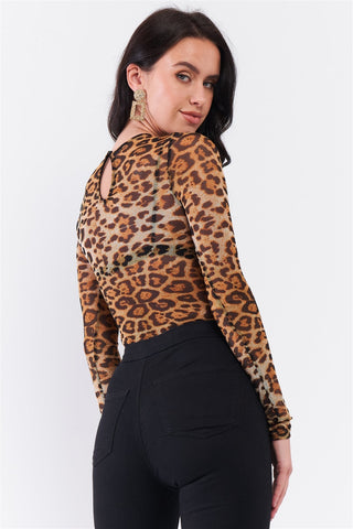 Brown Leopard Print Sheer Mesh Crew Neck Long Sleeve Bodysuit Look Up Deals