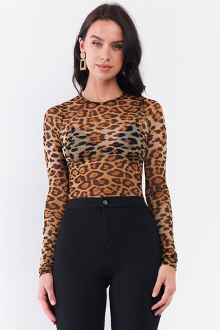 Brown Leopard Print Sheer Mesh Crew Neck Long Sleeve Bodysuit Look Up Deals